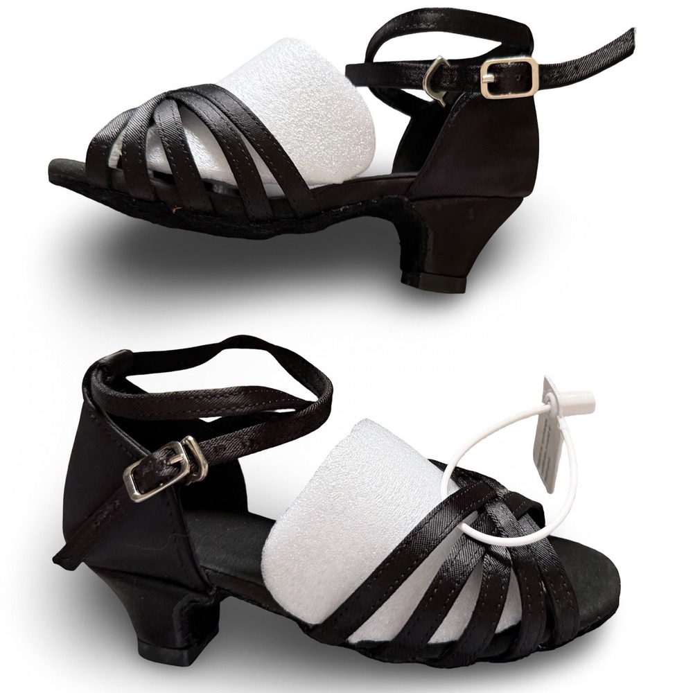 DanceandSway Kids Black Satin Latin Ballroom Dance Shoes Sz 7.5 EU 24 1.9"  Heel